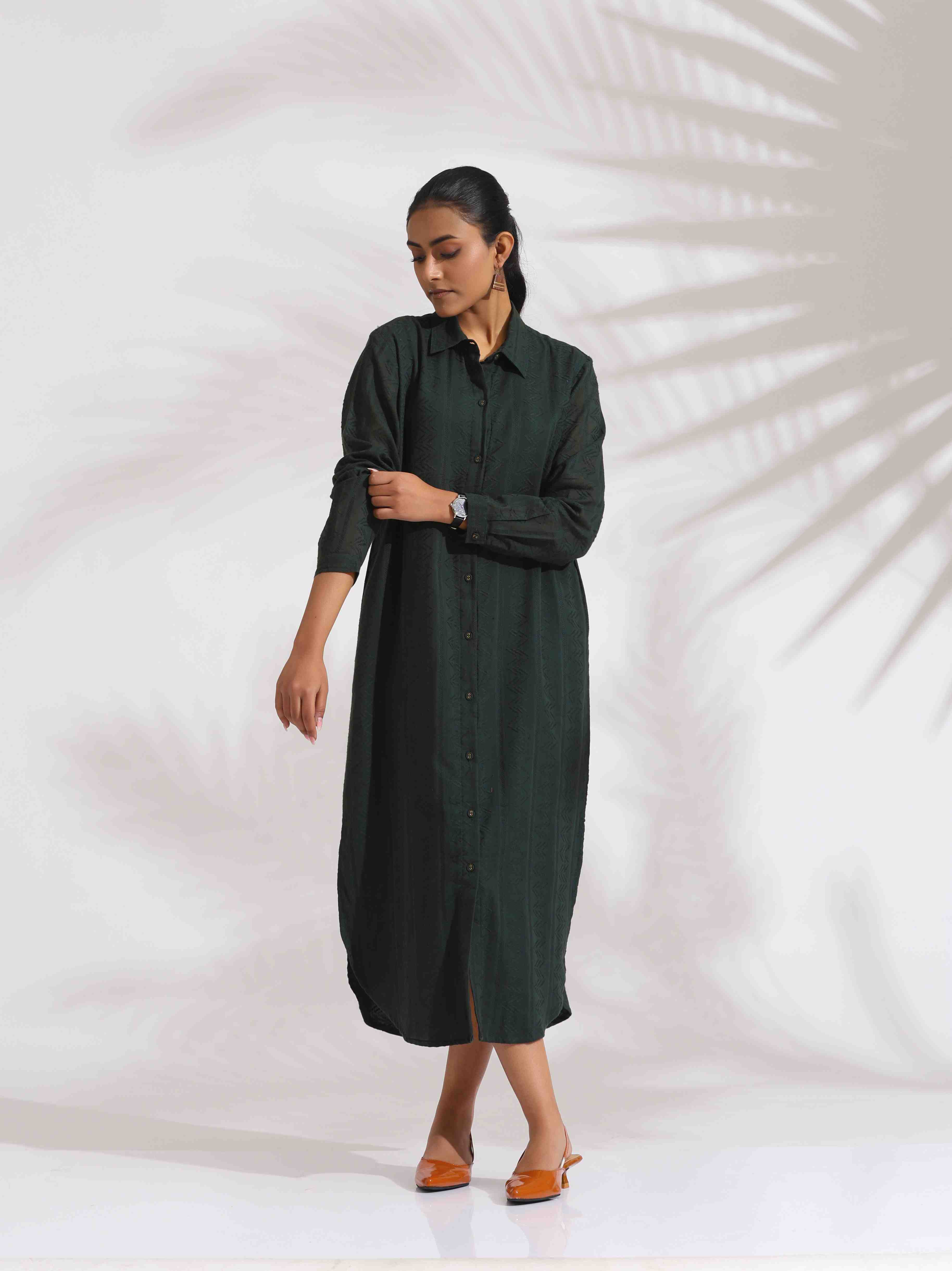 trueBrowns Green Cotton Shirt Dress - Distacart