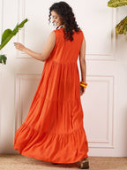 InWeave Orange V Neck Sleeveless Long Tiered Dress - Distacart