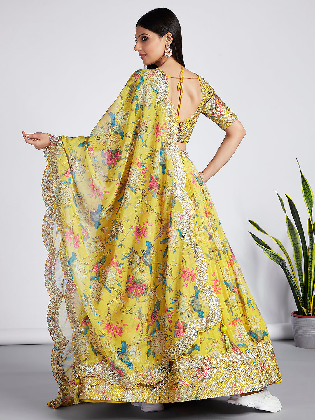 House of Panchhi Mustard Colour Organza Floral Design Digital Print Lehenga Choli & Dupatta
