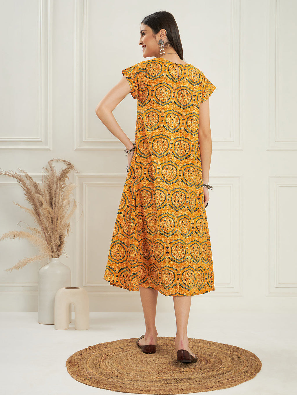 InWeave Women's Haldi Yellow Mughal Kalamkari A Line Dress - Distacart