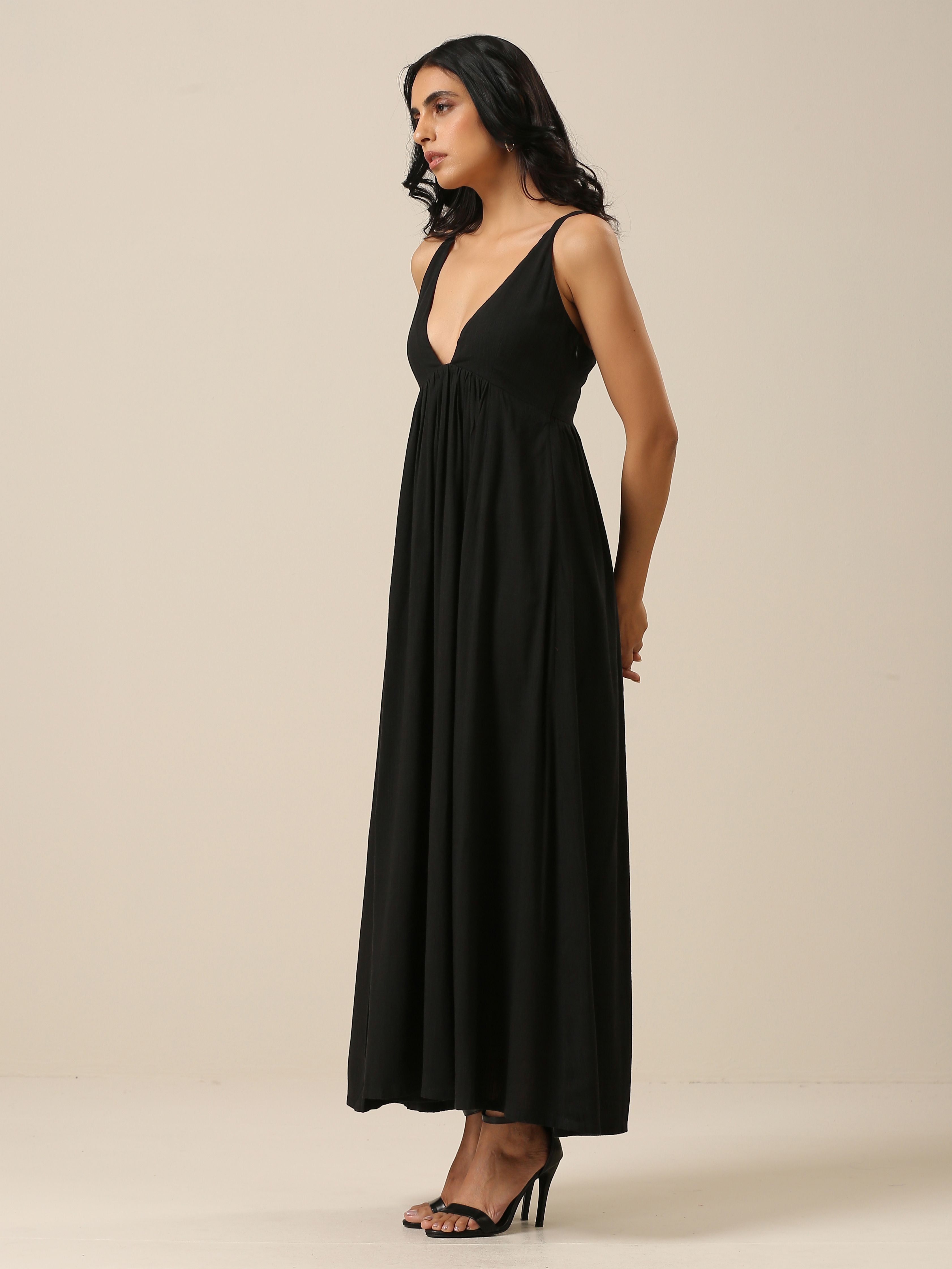 trueBrowns Black Slub Texture Sleeveless Dress - Distacart