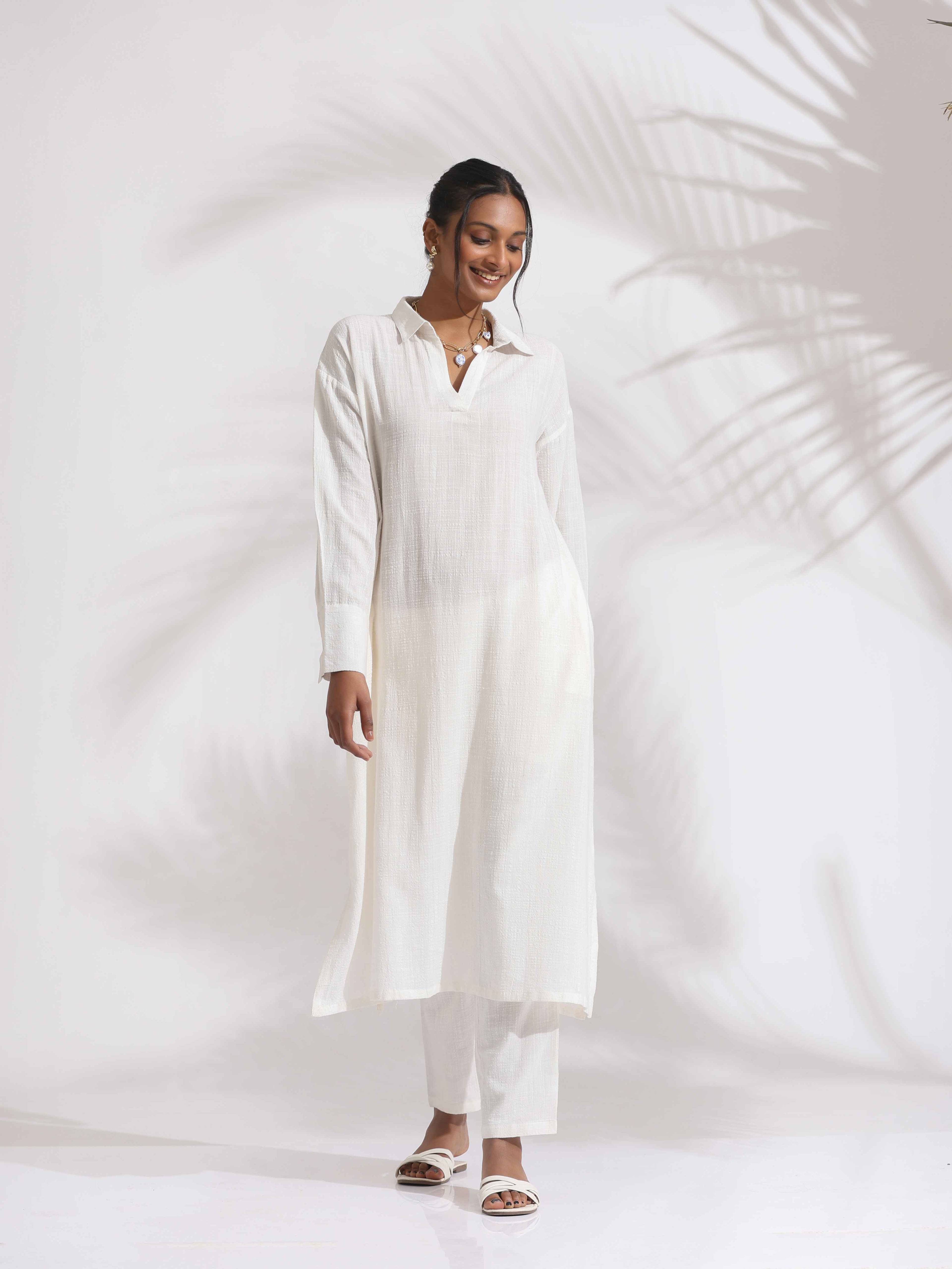 trueBrowns White Cotton A-line Kurta Set - Distacart