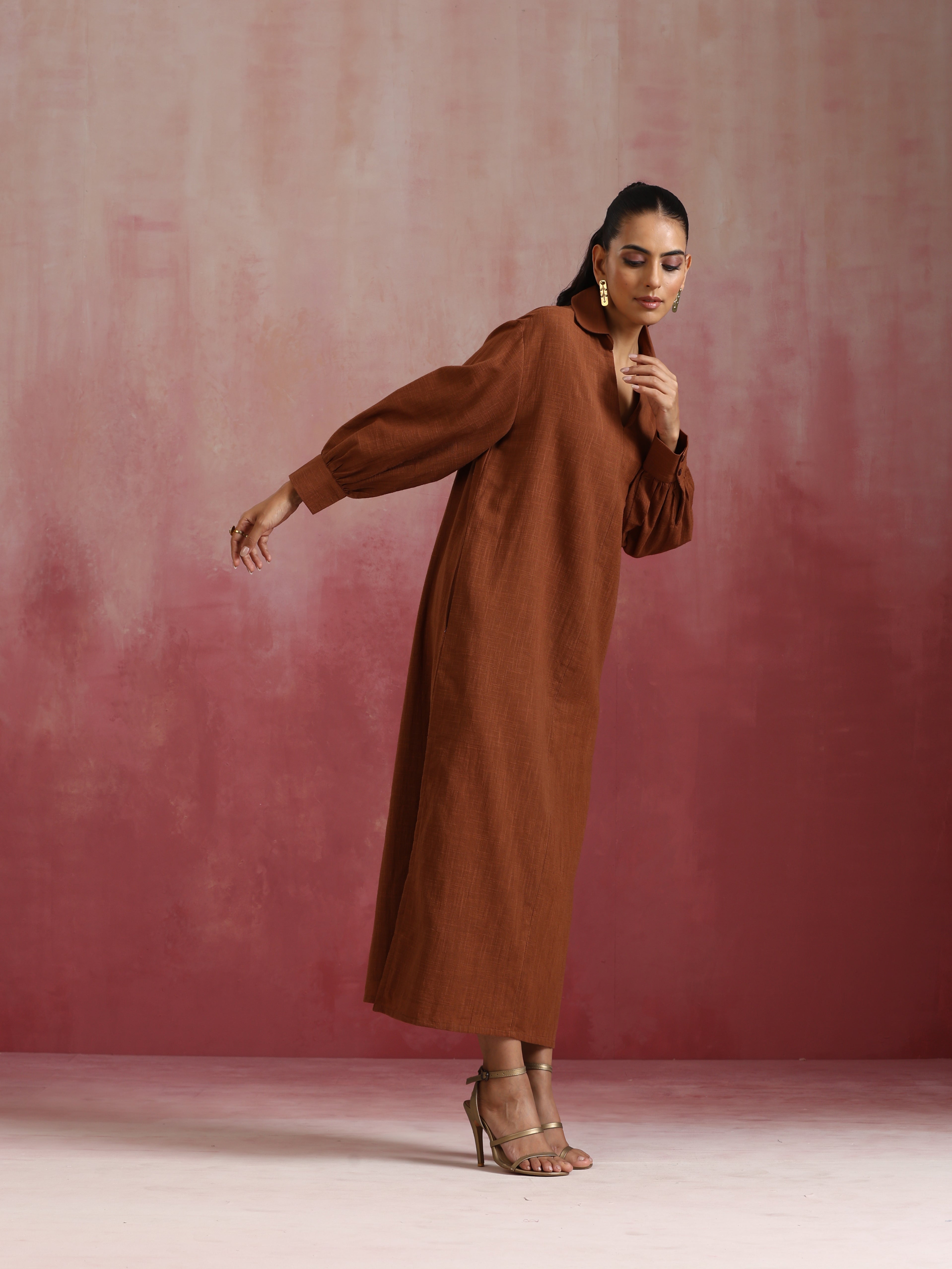 trueBrowns Brown Cotton Dobby Dress - Distacart