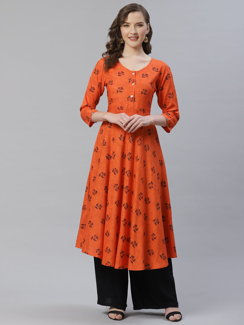 Jompers Women Orange & Black Floral Printed A-Line Kurta - Distacart