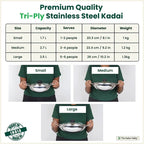 The Indus Valley TurboCuk Tri-ply Stainless Steel Kadai+ Glass Lid, Premium Quality, 3 Layer Thick Body, 100% Toxin-free, Non-stick, Induction & Gas, 1.7/2.7/3.5L