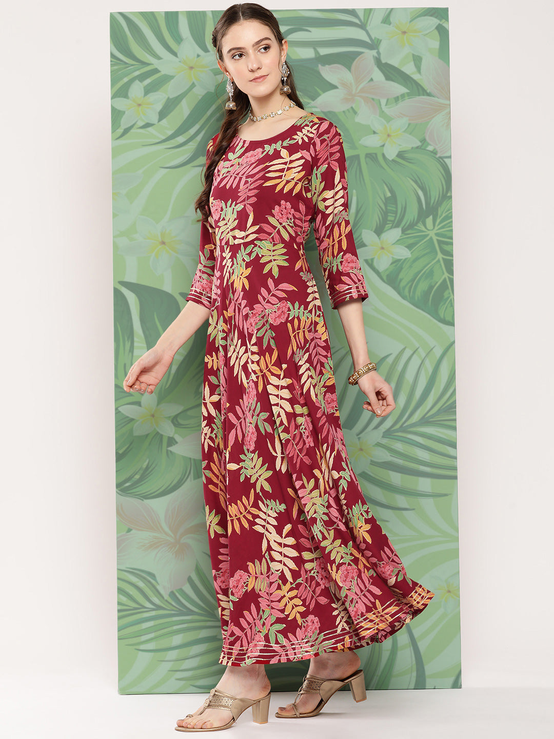 InWeave Women's Red Tropical Print Gota Long Dress - Distacart