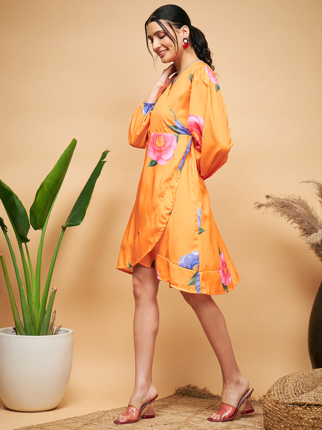 InWeave Women's Haldi Yellow Pink Mauve Flower Belted Dress - Distacart