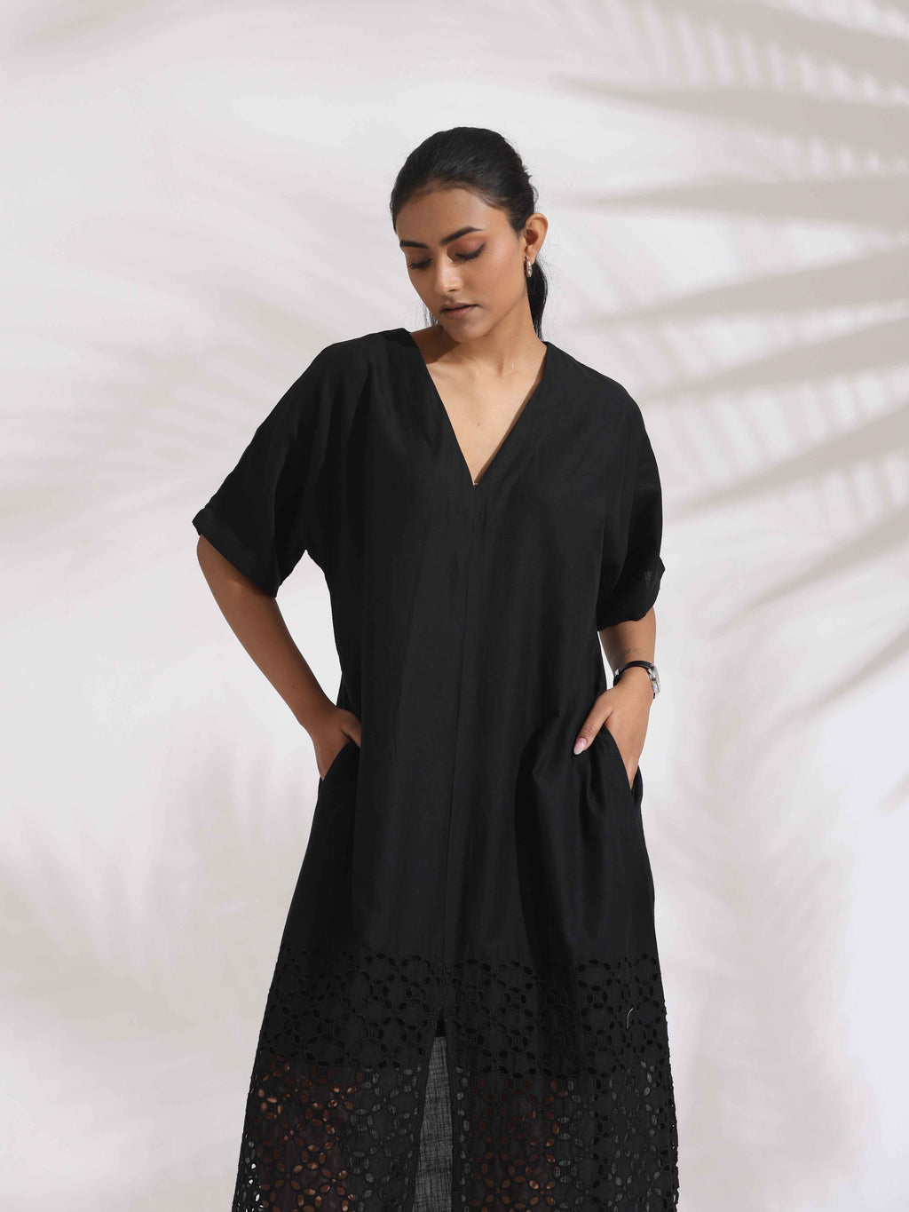 trueBrowns Black Cotton Schiffli Slit Dress - Distacart