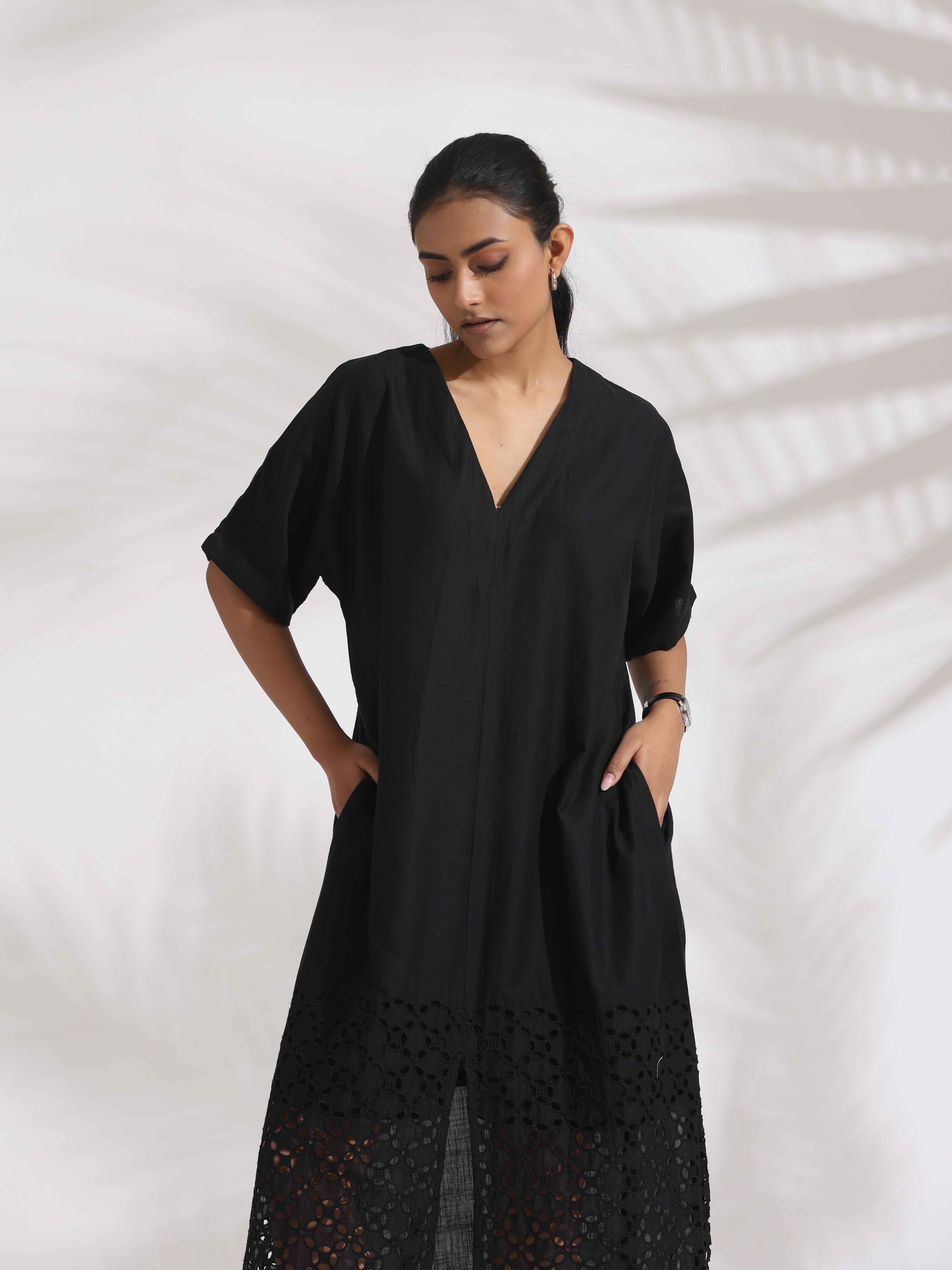 trueBrowns Black Cotton Schiffli Slit Dress - Distacart