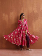 trueBrowns Pink Metallic Flared Anarkali Kurta Set - Distacart