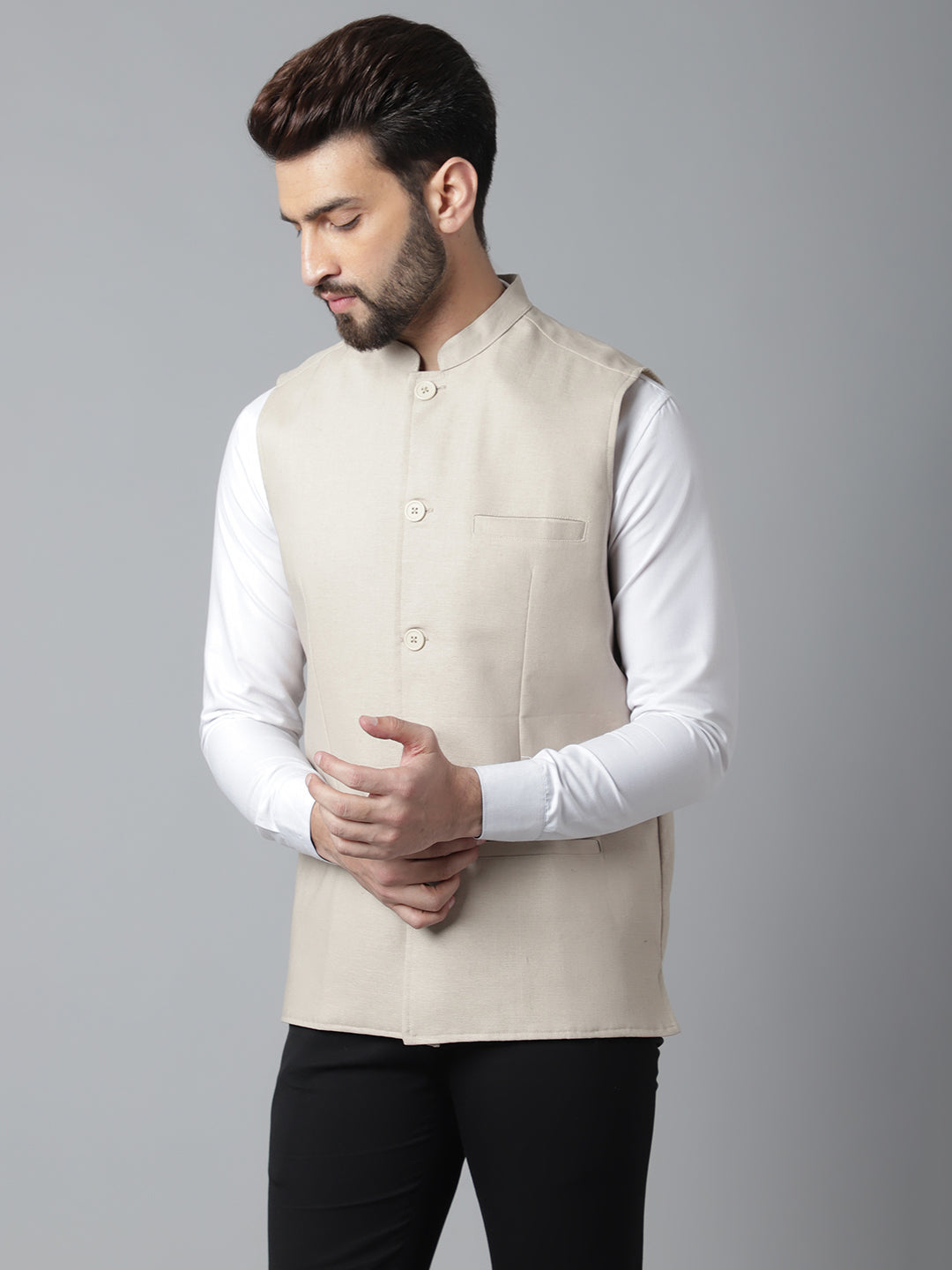 Even Apparels Men's Cream Nehru Jacket With Welt Pockets