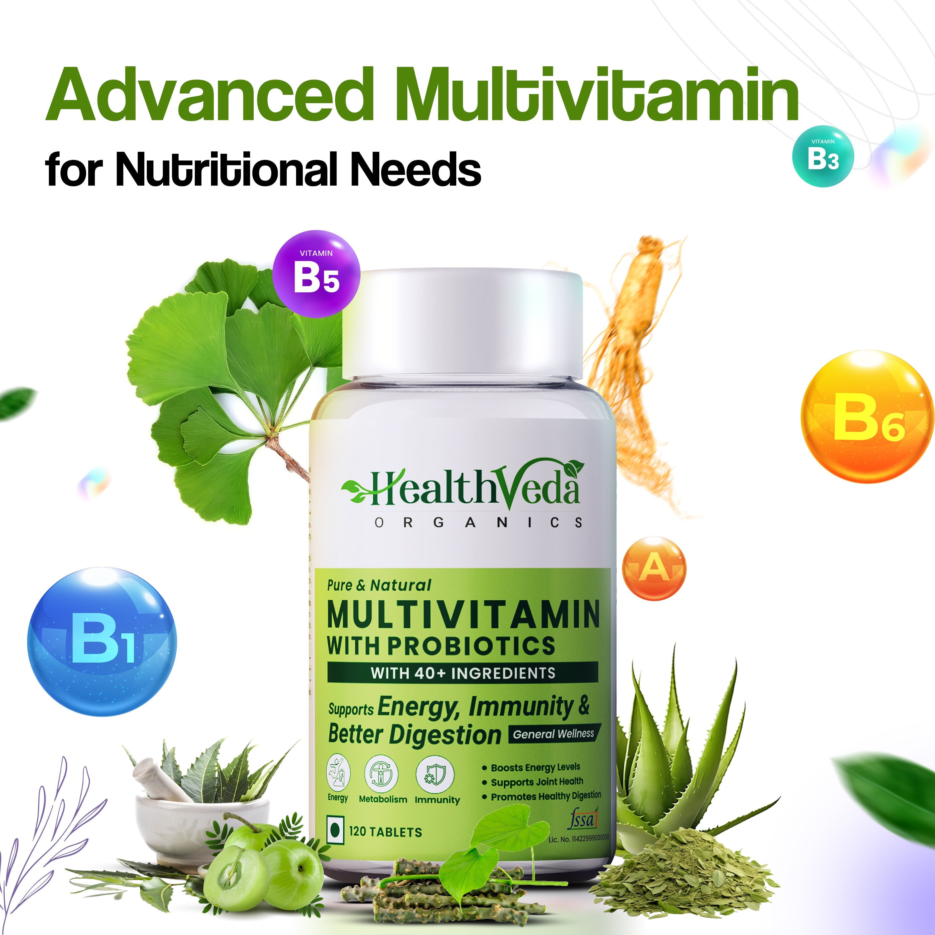 Health Veda Organics Multivitamin Tablets with Probiotics for both Men & Women - Distacart