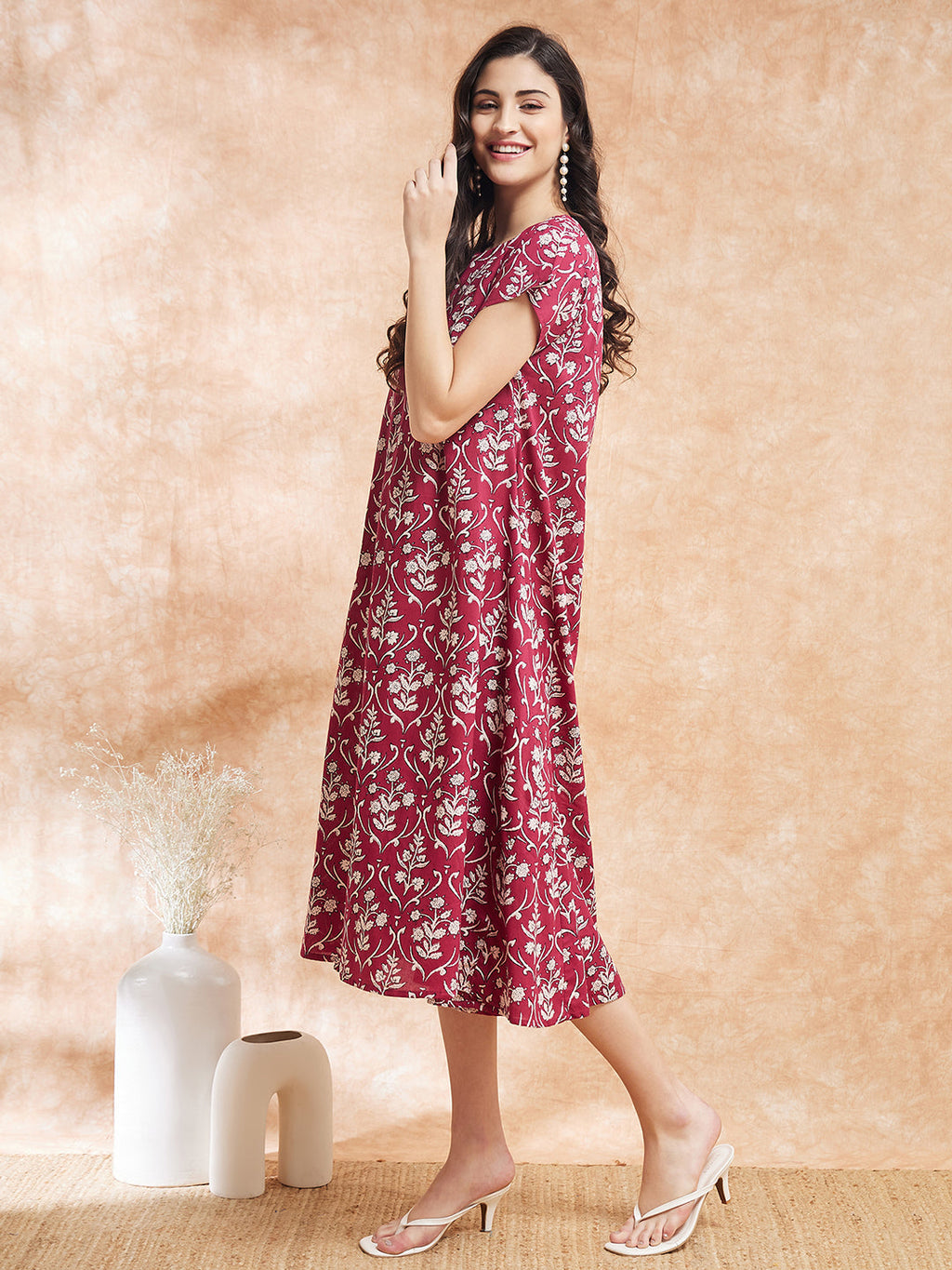 InWeave Women's Wine Cream Floral Print A Line Dress - Distacart