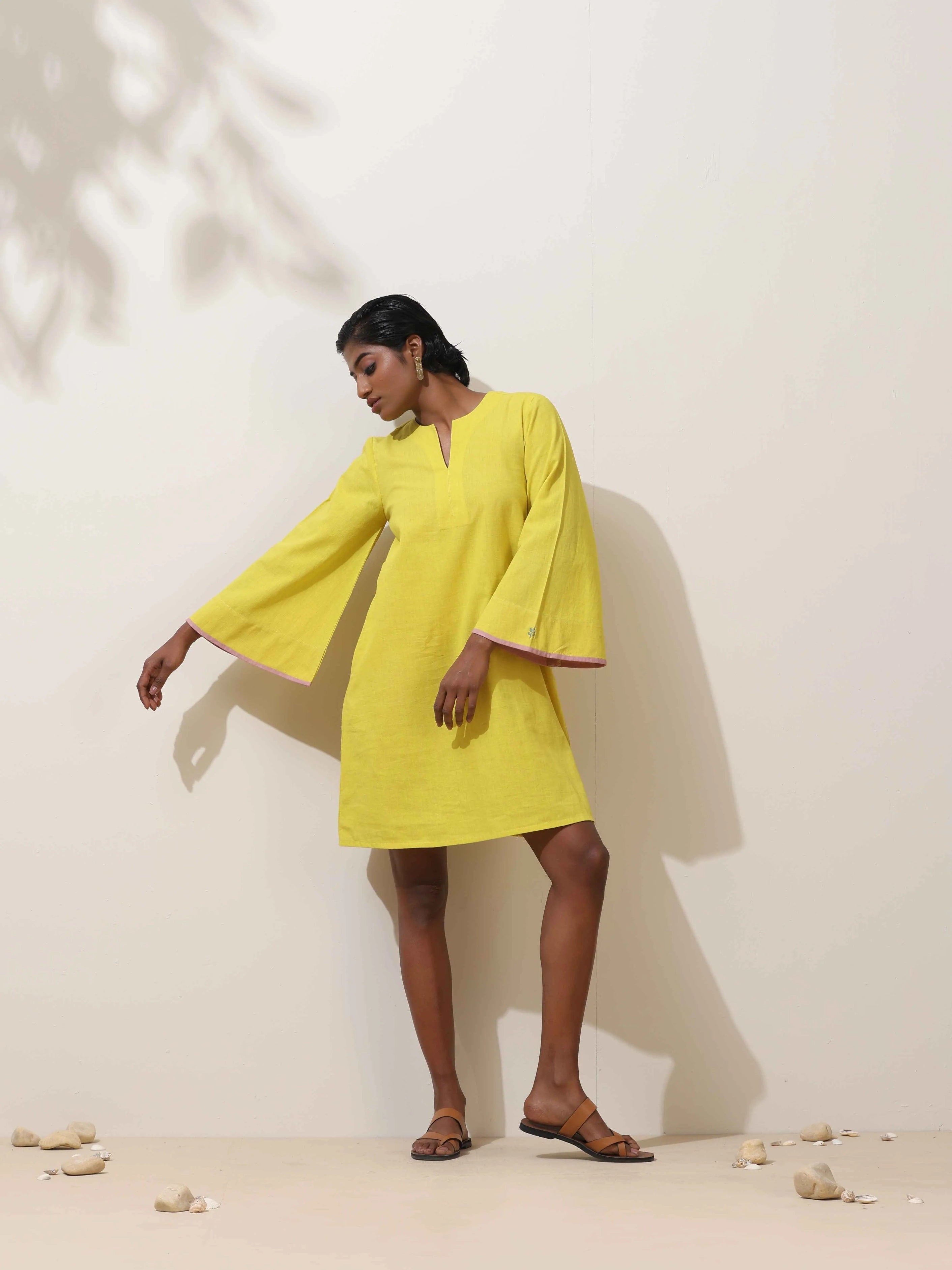 trueBrowns Lime Cotton Linen Dress - Distacart