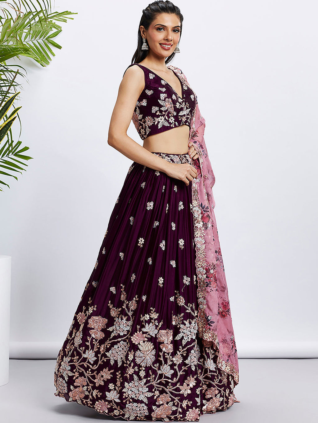 House of Panchhi Purple Pure Georgette Sequins And Thread Embroidery Lehenga Choli & Dupatta