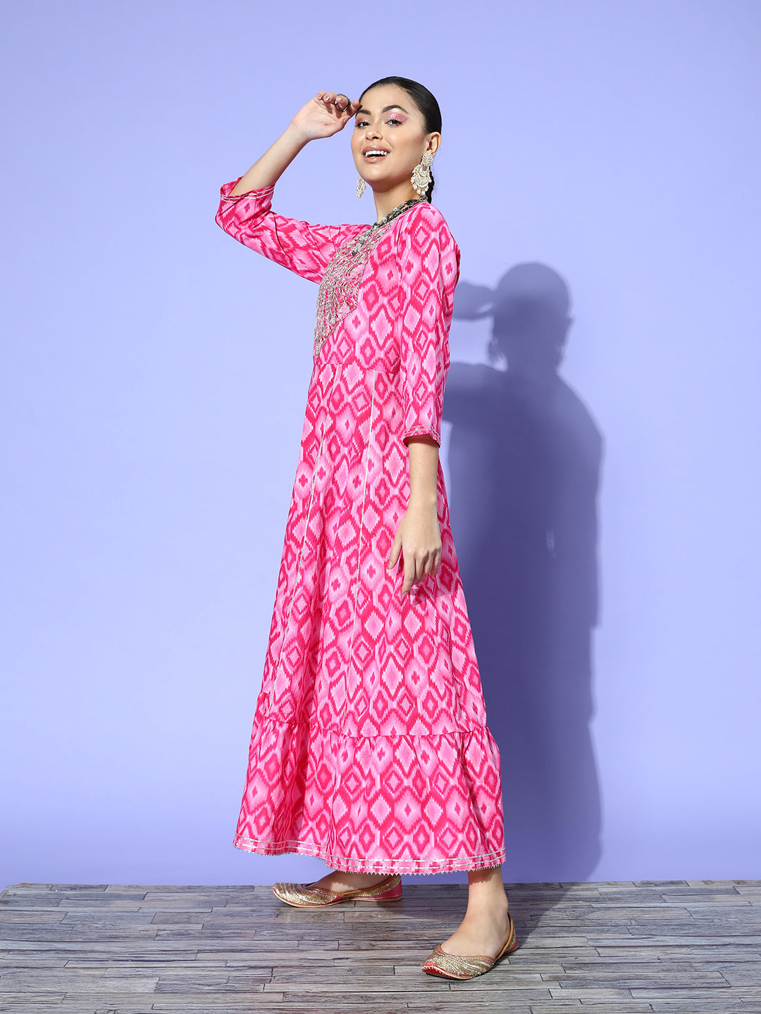 InWeave Women's Abstract Pink Print Long Dress With Work - Distacart
