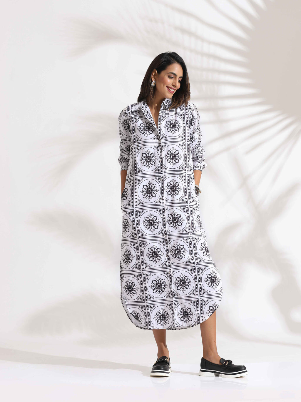 trueBrowns White Cotton Print Shirt Dress - Distacart