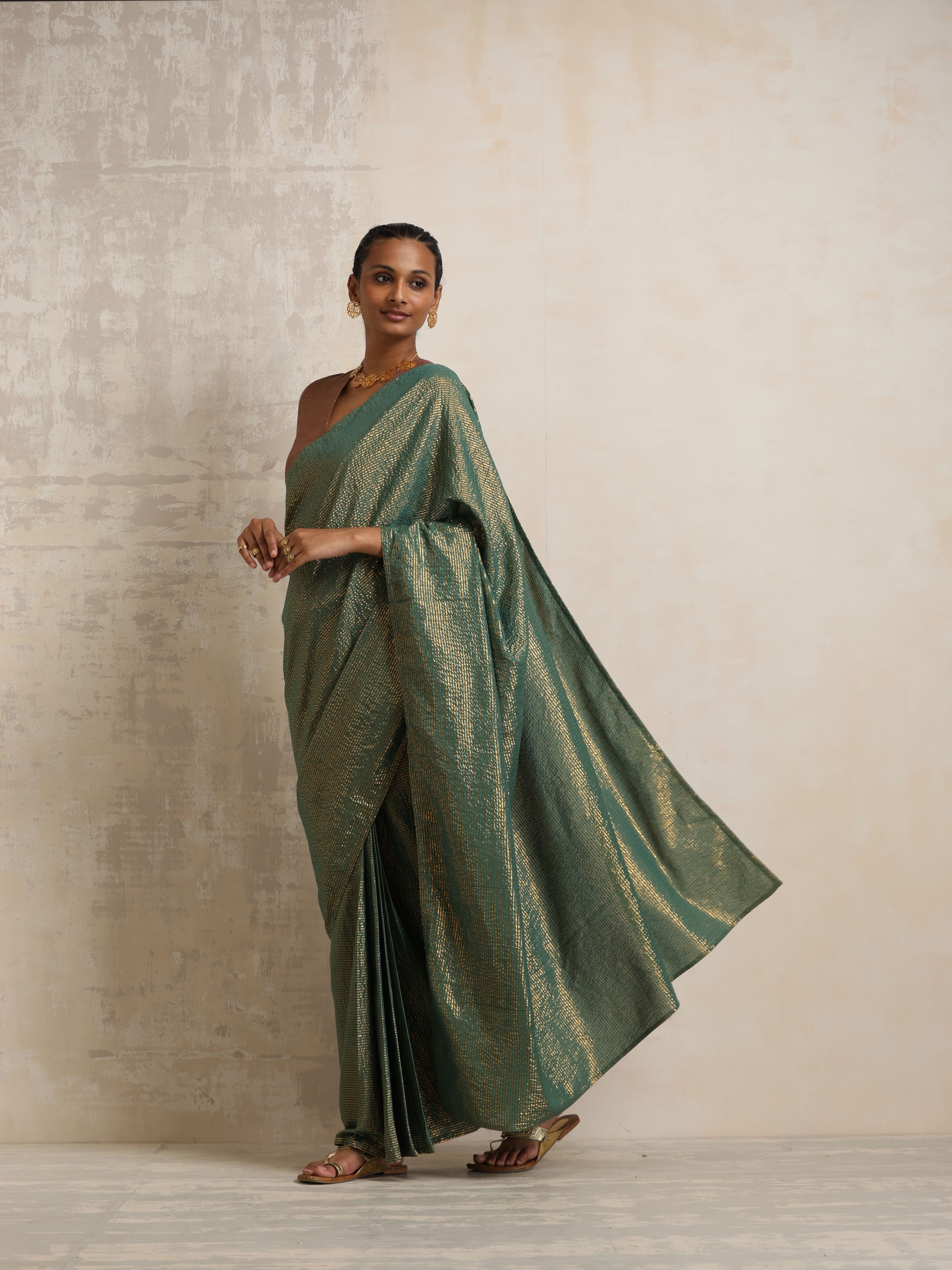 trueBrowns Dark Green Gold Lurex Ready To Wear Saree