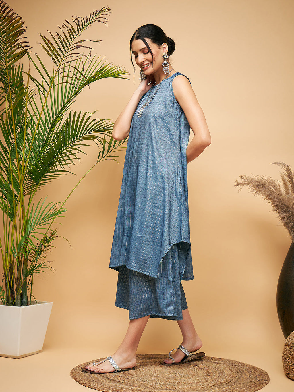 InWeave Women's Blue Lurex Short Pallazo Kurta Set