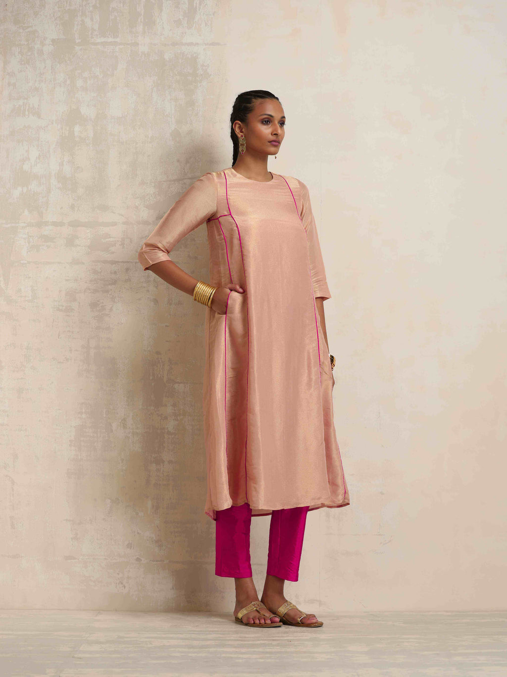 trueBrowns Blush Pink Tissue A-line Kurta Set - Distacart