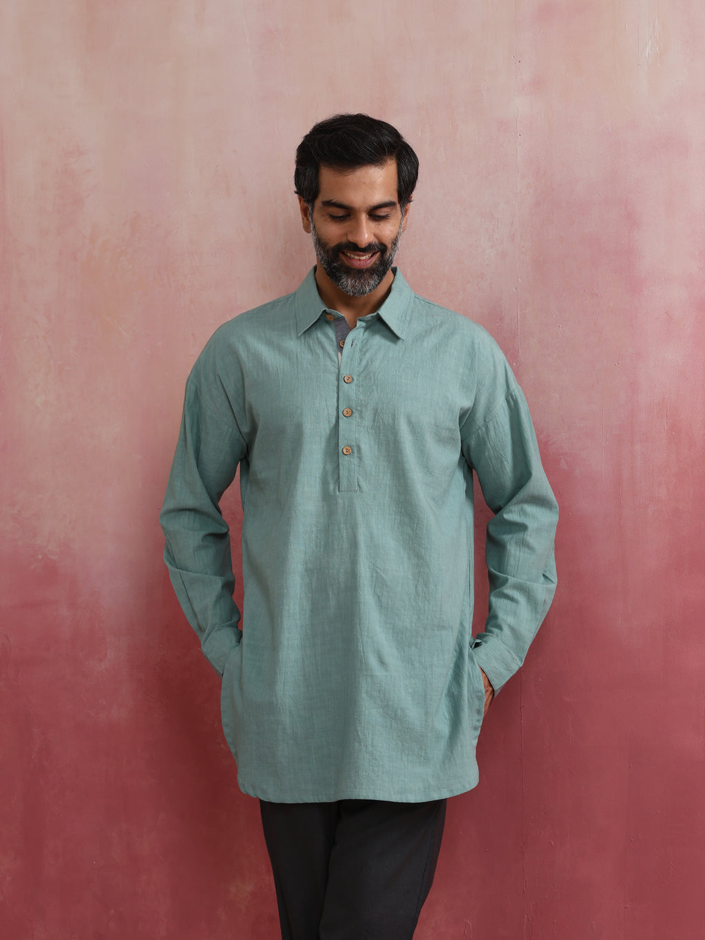 trueBrowns Men's Aqua Blue Cotton Shirt Collar Stylized Kurta