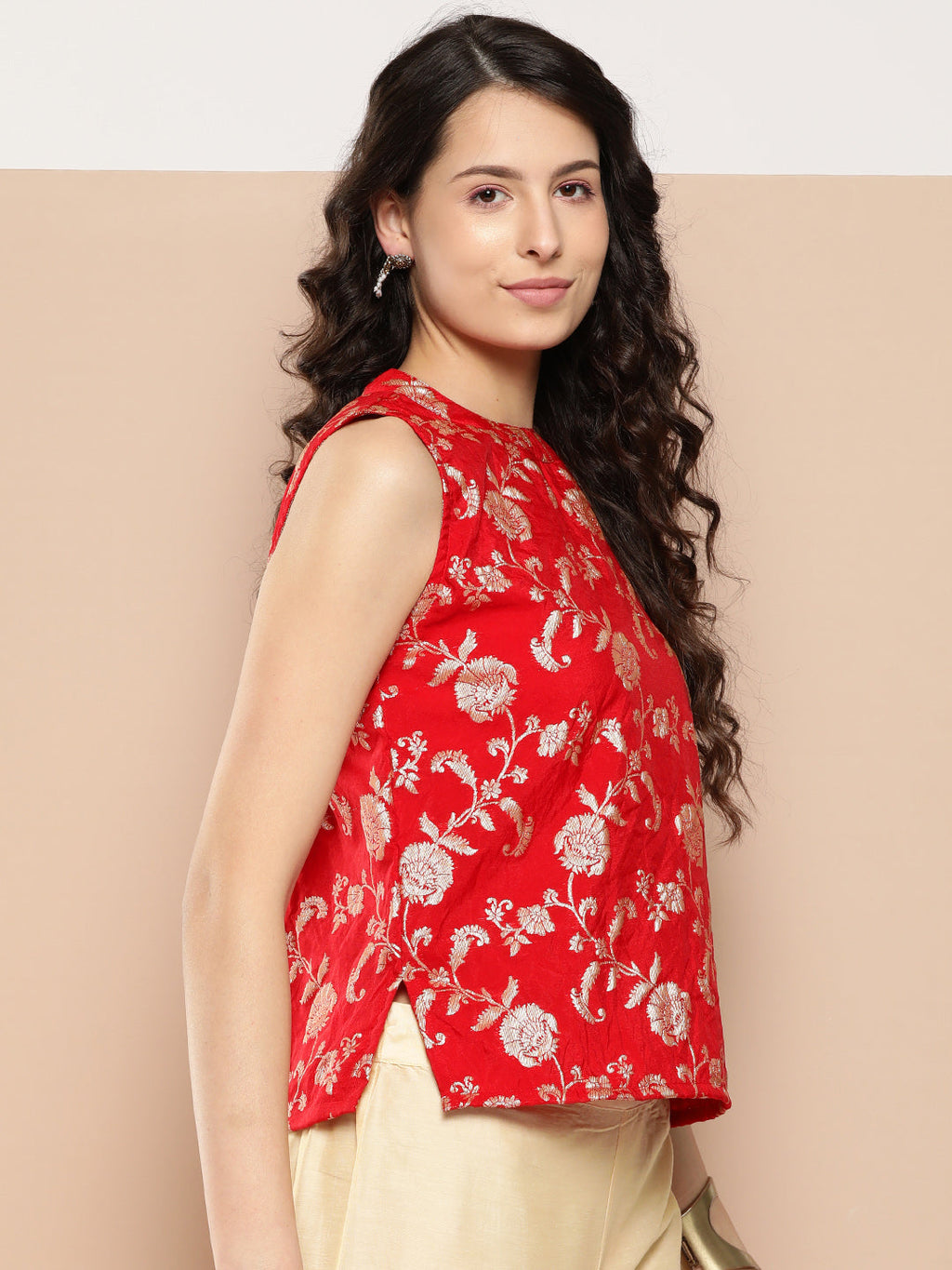 InWeave Women's Red Brocade Halter Top
