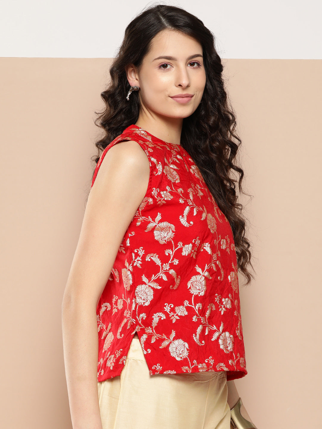 InWeave Women's Red Brocade Halter Top