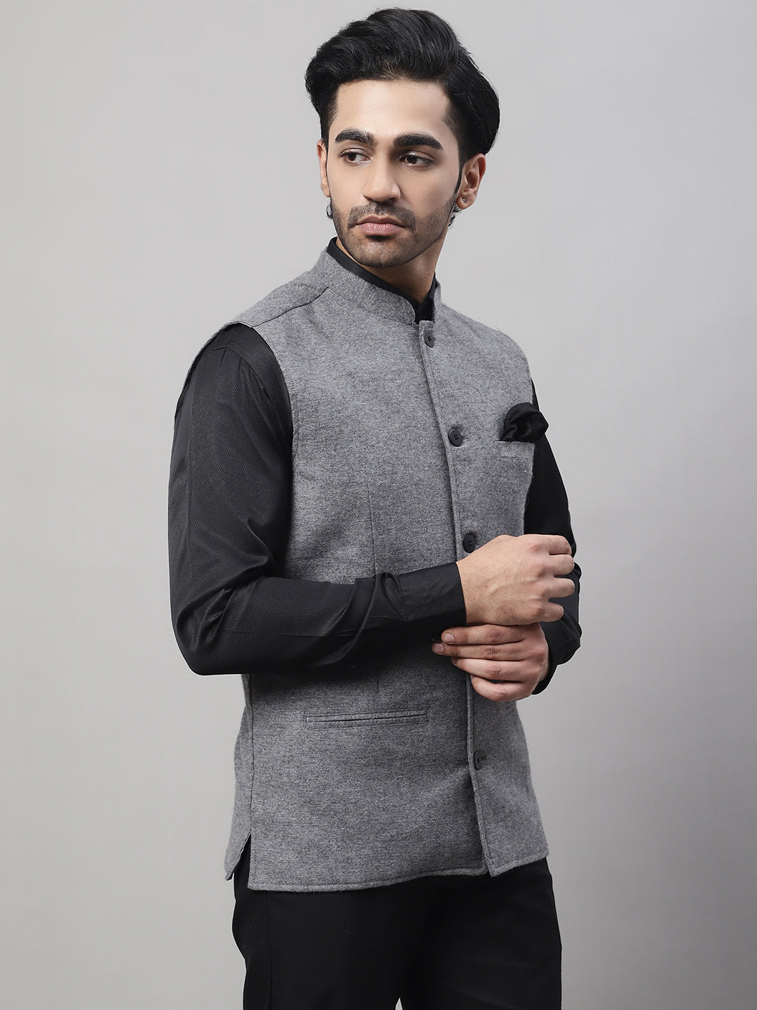 Even Apparels Men's Grey Pure Wool Nehru Jacket