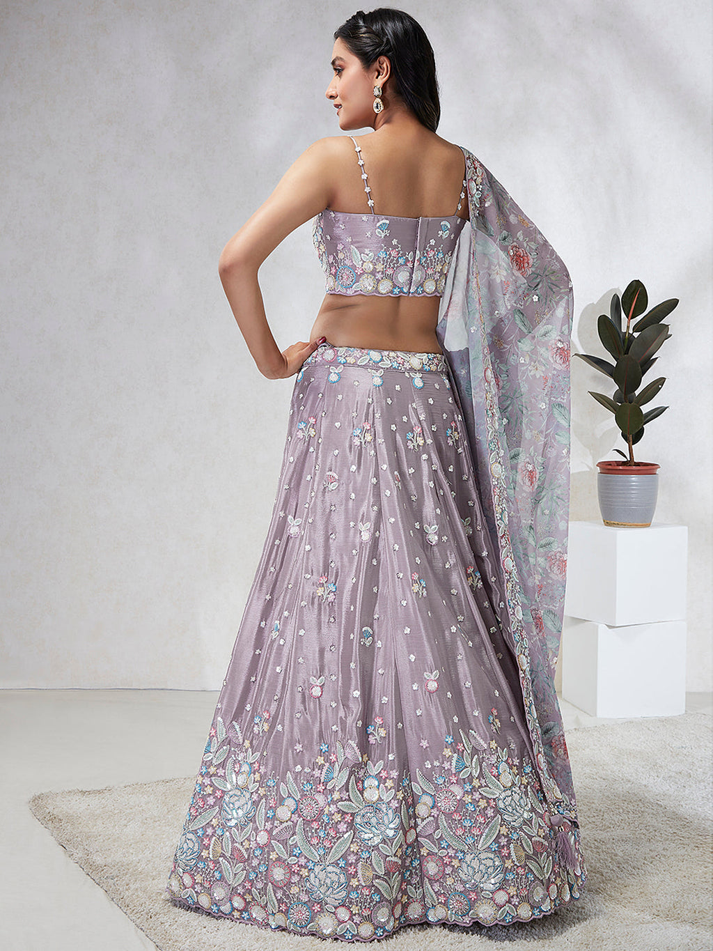 House of Panchhi Mauve Chiffon Sequins And Thread Embroidery Lehenga Choli & Dupatta