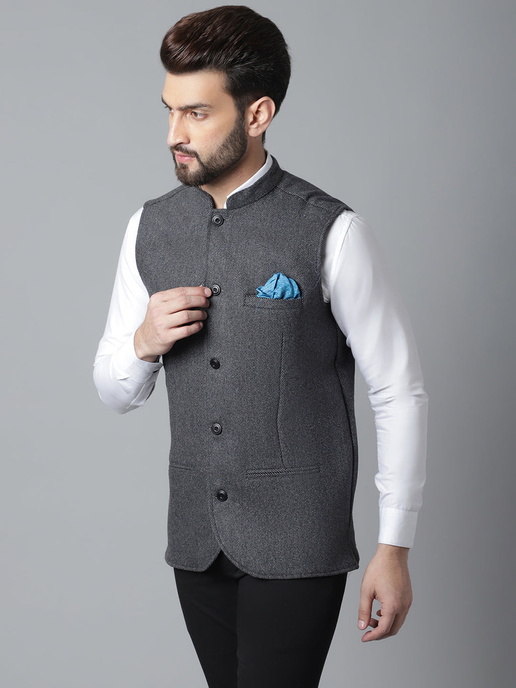 Even Apparels Men's Grey Pure Wool Nehru Jacket