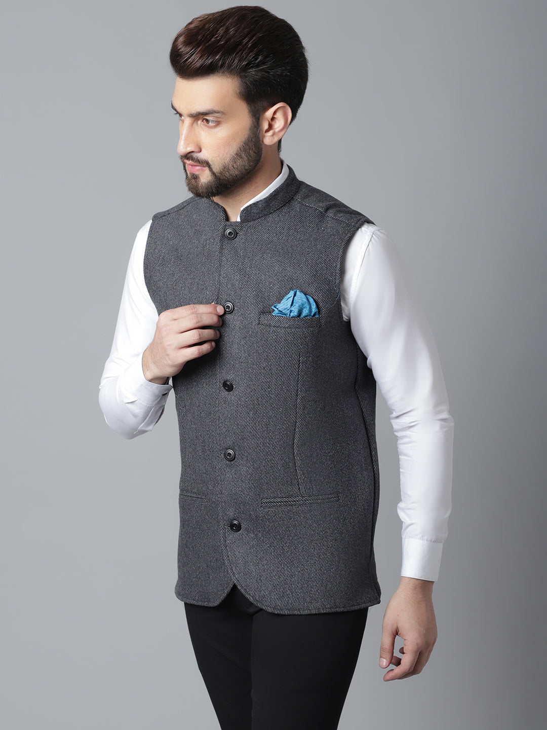 Even Apparels Men's Grey Pure Wool Nehru Jacket