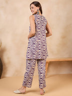 InWeave Purple White Moroccan Print Round Neck Kurta Set