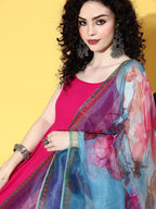 InWeave Strappy Set In Fuchsia With Blue Fuchsia Organza Dupatta - Distacart