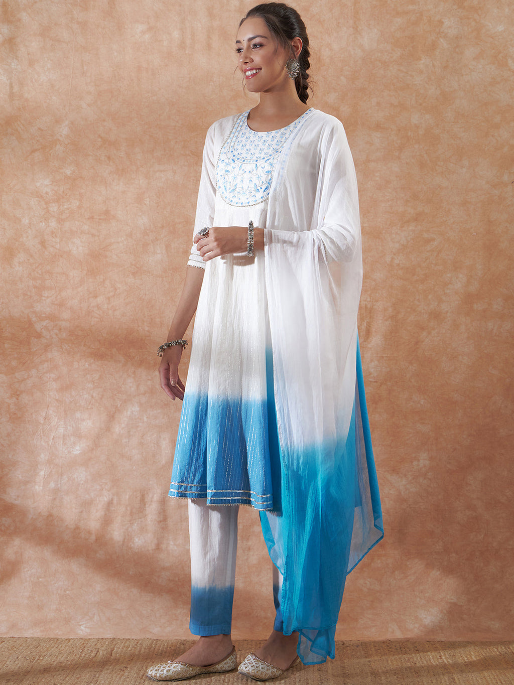 InWeave Women's White Lurex Blue Dye Patch Gota Anarkali Kurta Set W Dupatta