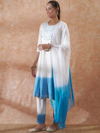 InWeave Women's White Lurex Blue Dye Patch Gota Anarkali Kurta Set W Dupatta