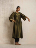 trueBrowns Olive Green Tissue Flared Anarkali Kurta Set - Distacart