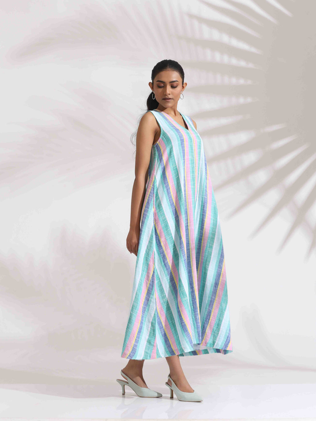 trueBrowns Green Cotton Multi Stripe Flared Dress - Distacart