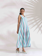 trueBrowns Green Cotton Multi Stripe Flared Dress - Distacart