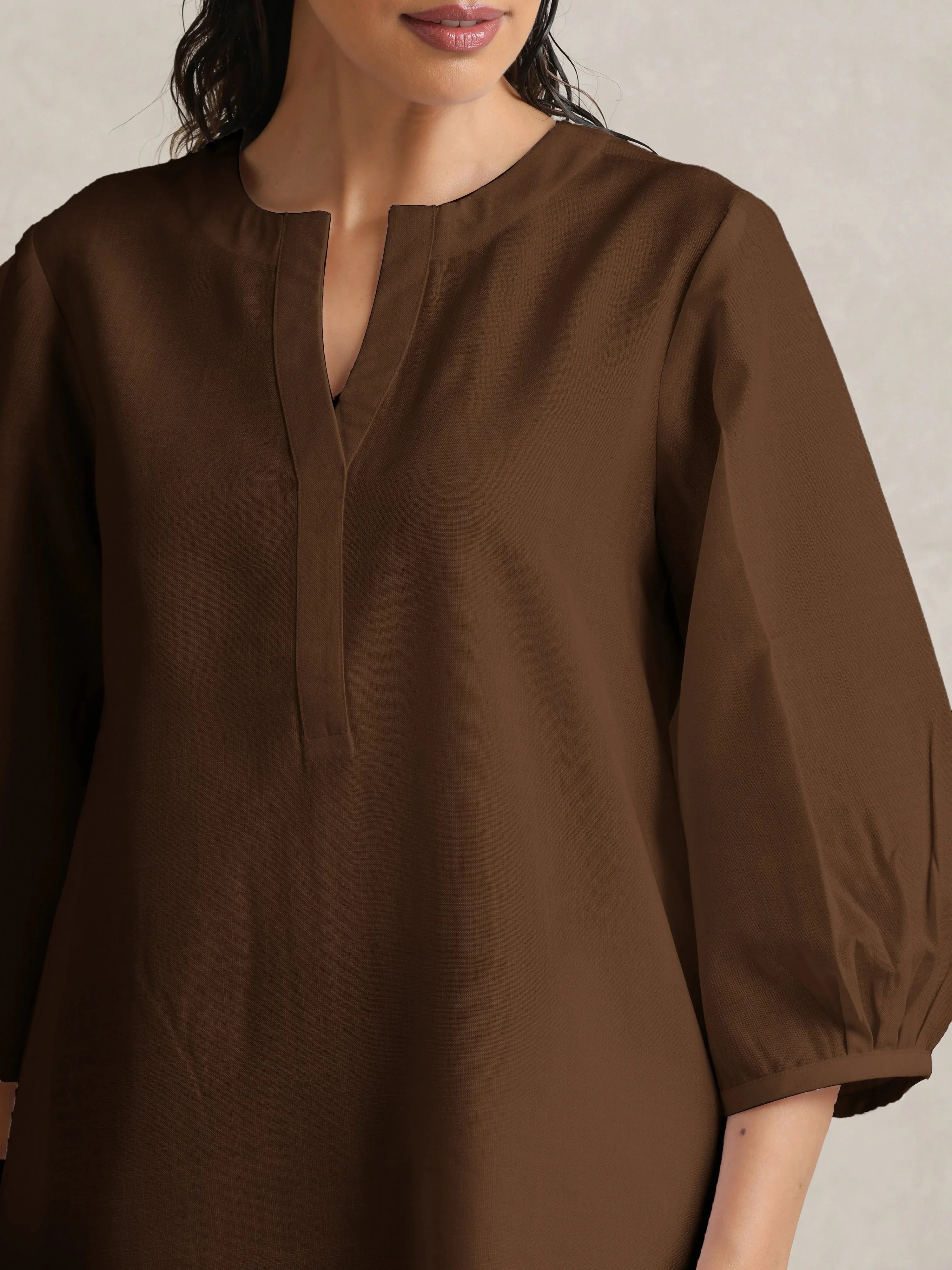 trueBrowns Brown Cotton Blend Short Kurta - Distacart