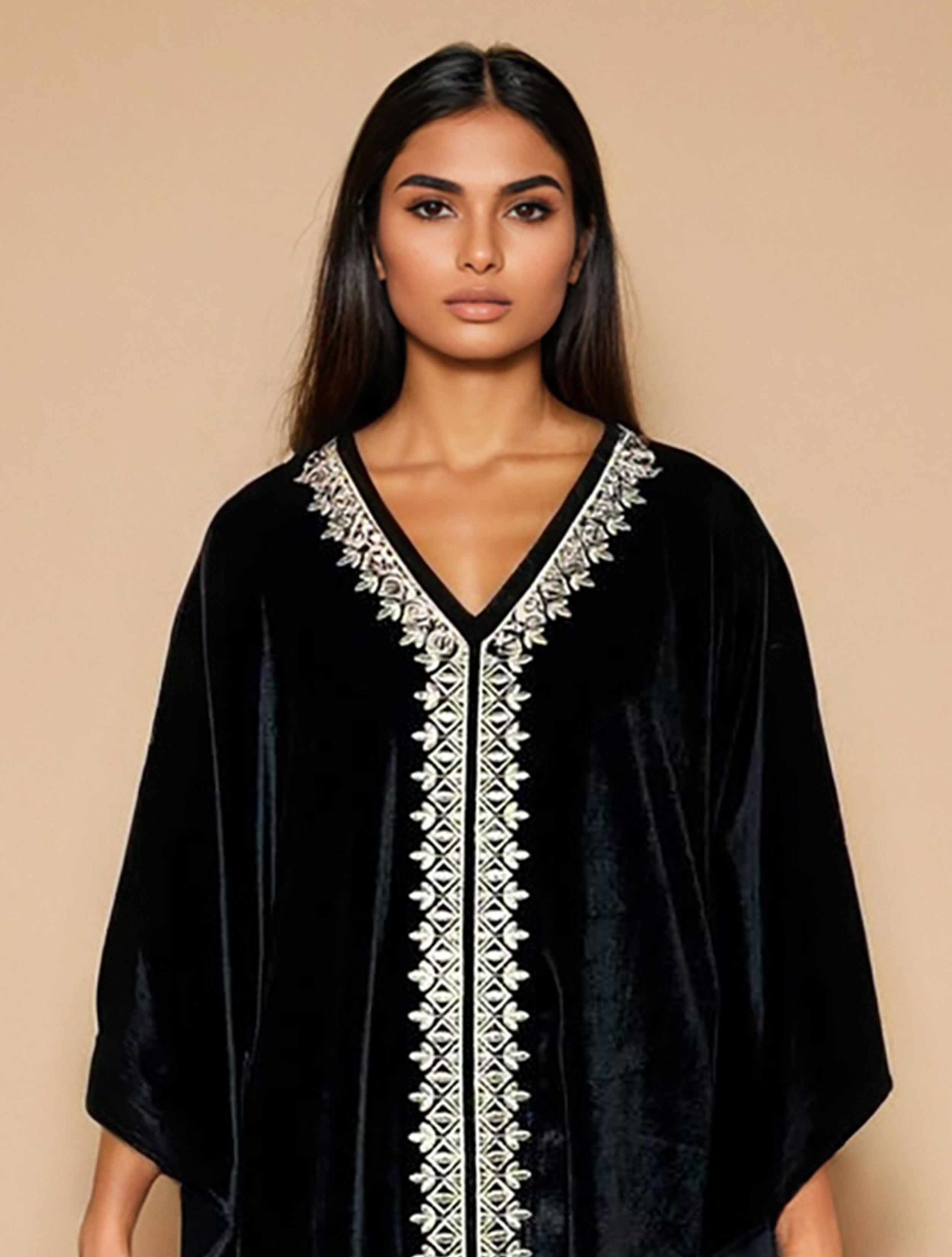 trueBrowns Black Velvet Embroidered Kaftan Kurta Set - Distacart