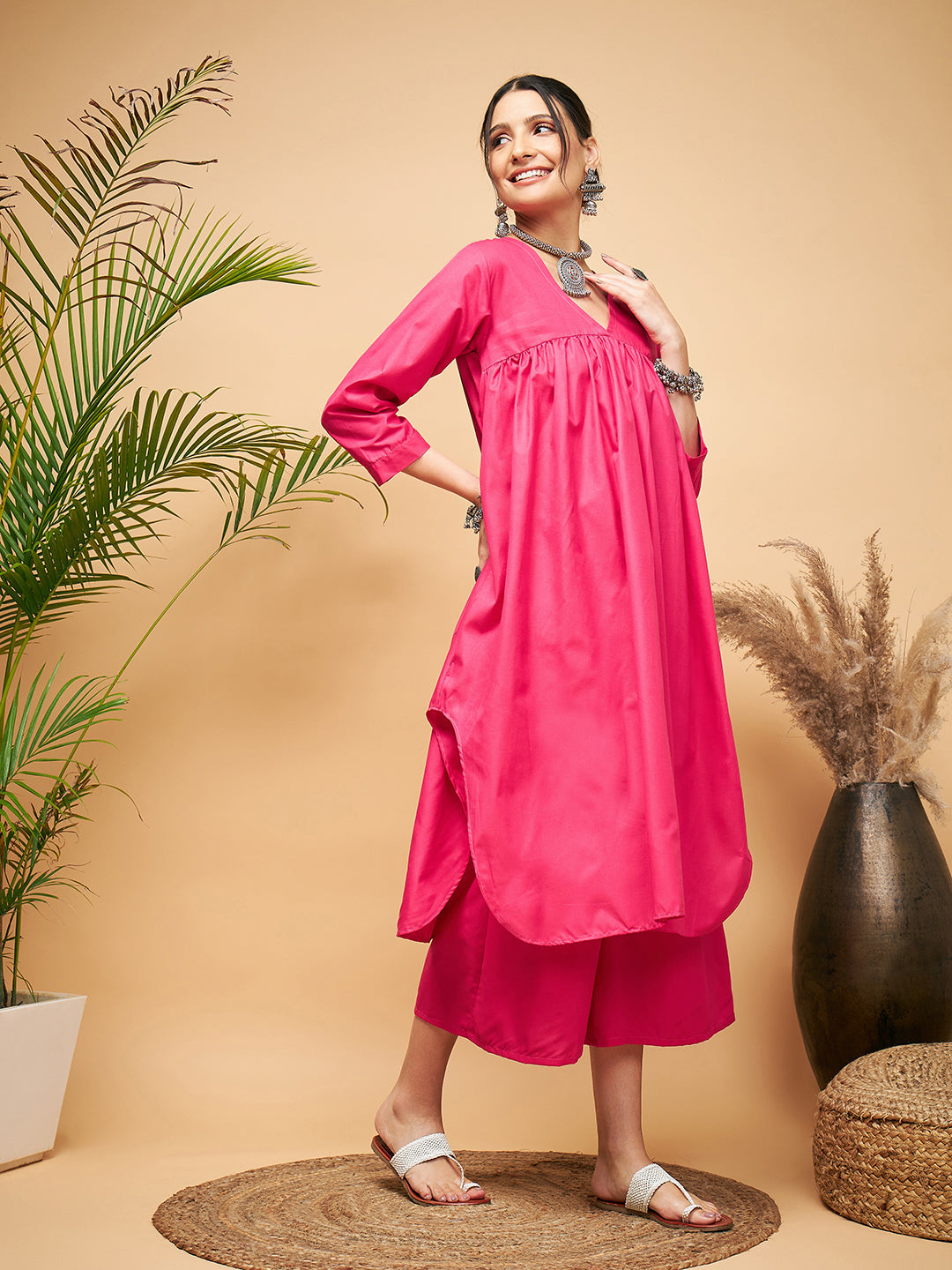 InWeave Women's Fuchsia Flared Kurta Palazzo Set
