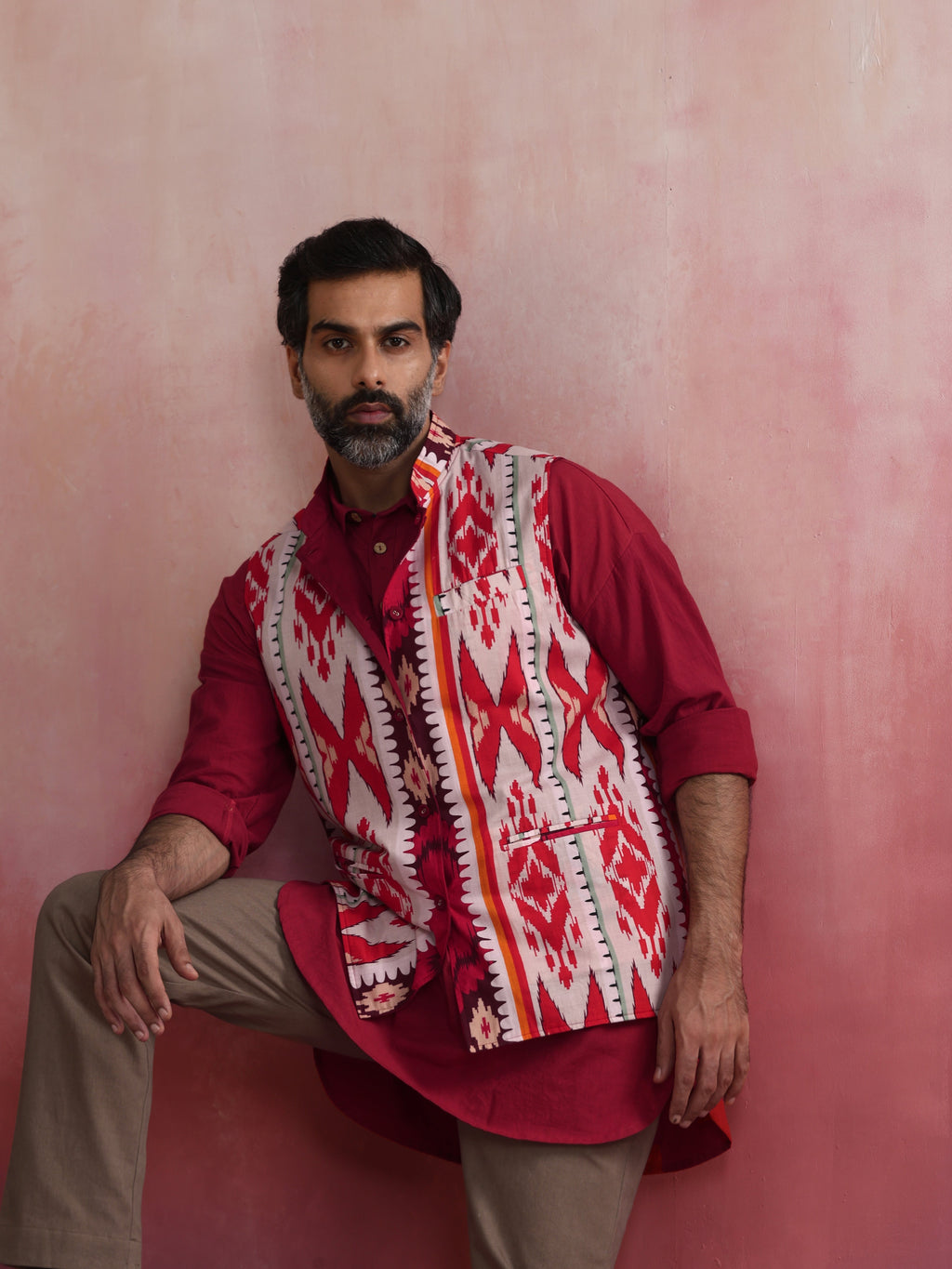 trueBrowns Men's Maroon Ikat Print Cotton Reversible Nehru Jacket