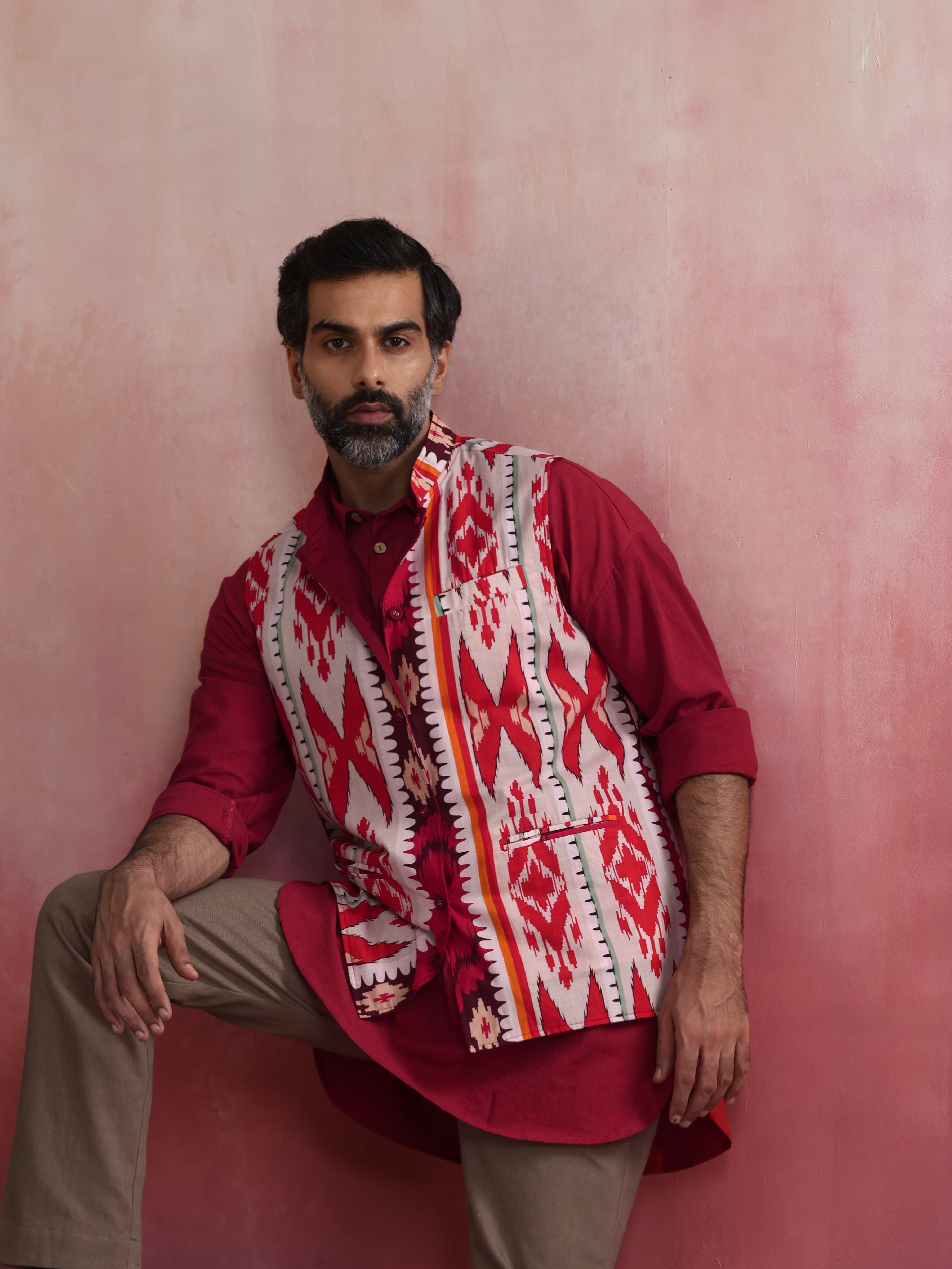 trueBrowns Men's Maroon Ikat Print Cotton Reversible Nehru Jacket