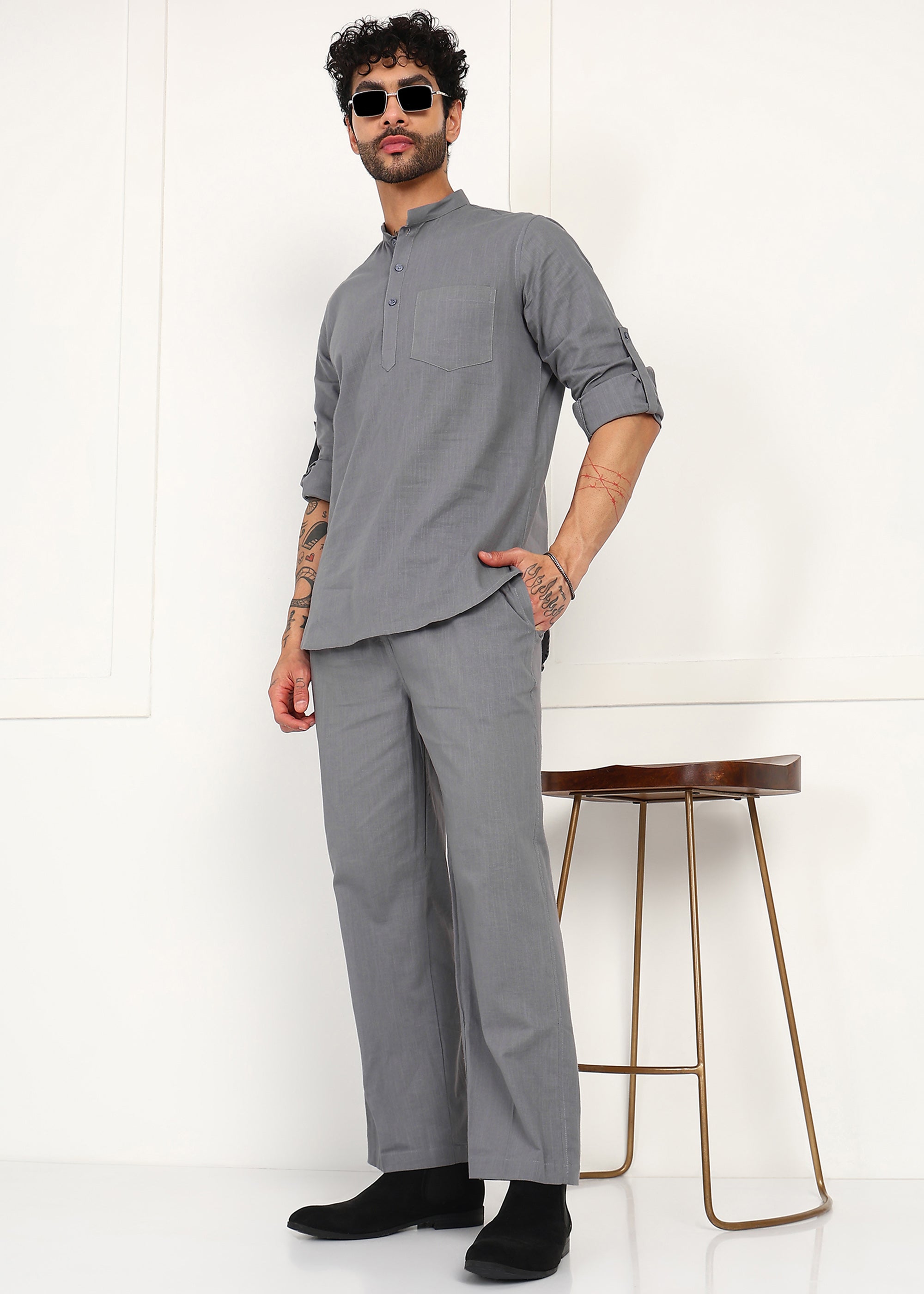 Fabmade Slate Grey Linen Short Kurta Co-Ord Set