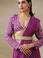 trueBrowns Purple Bandhani Printed Silk Full Sleeve Blouse