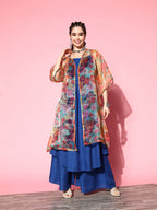 InWeave Ink Blue Strappy Set With Green Floral Long Organza Cape