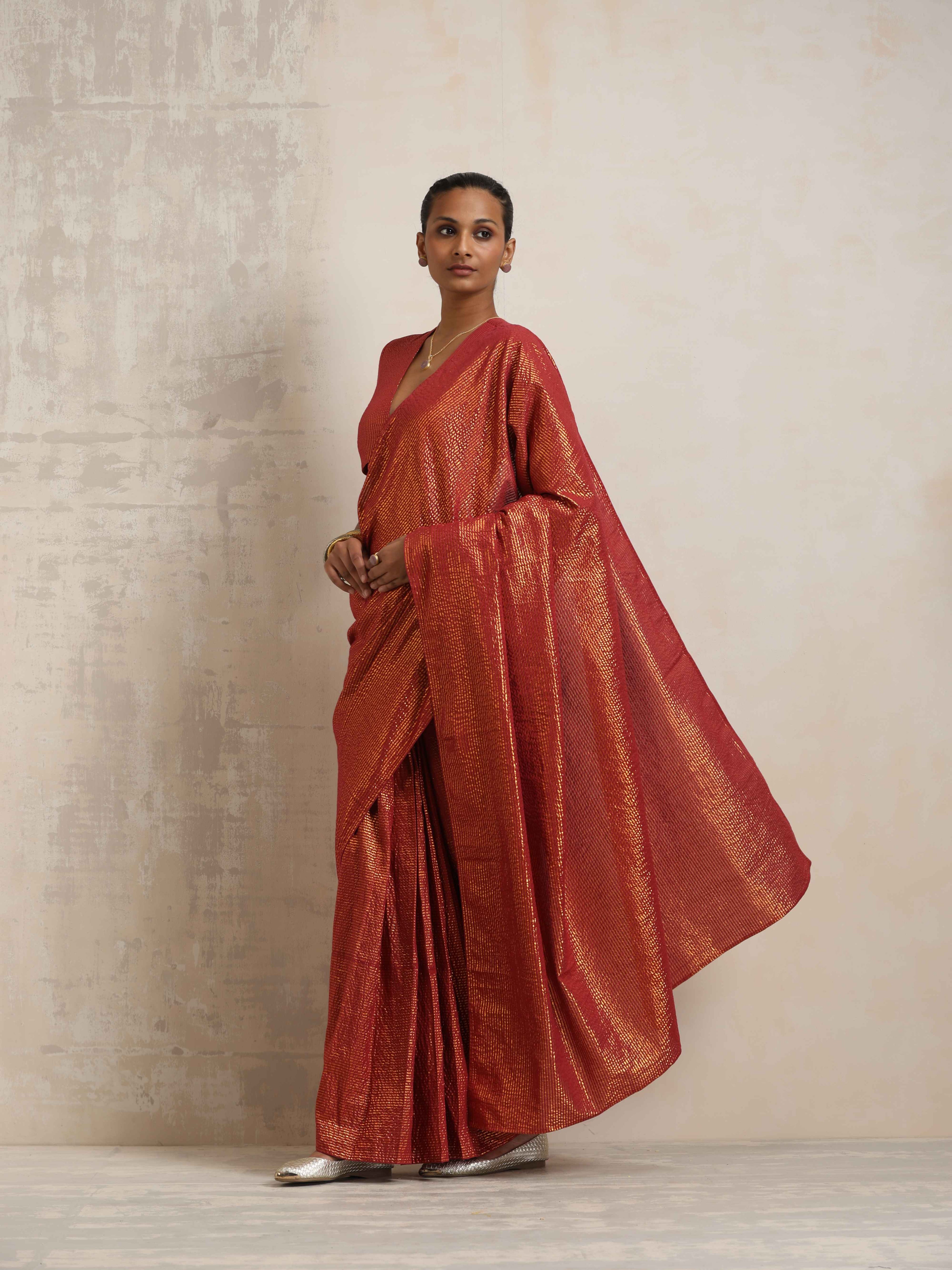 trueBrowns Maroon Gold Metallic Ready To Wear Plus Size Saree