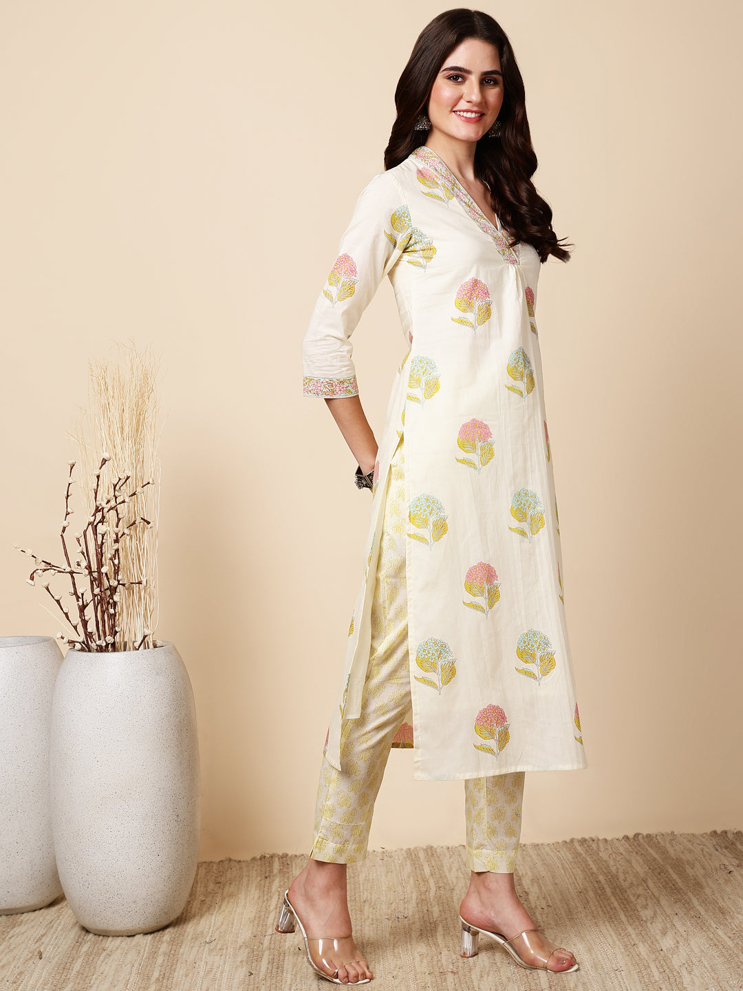 Antaran Cream Pure Cotton Floral Printed Kurta Pant And Dupatta Set - Distacart