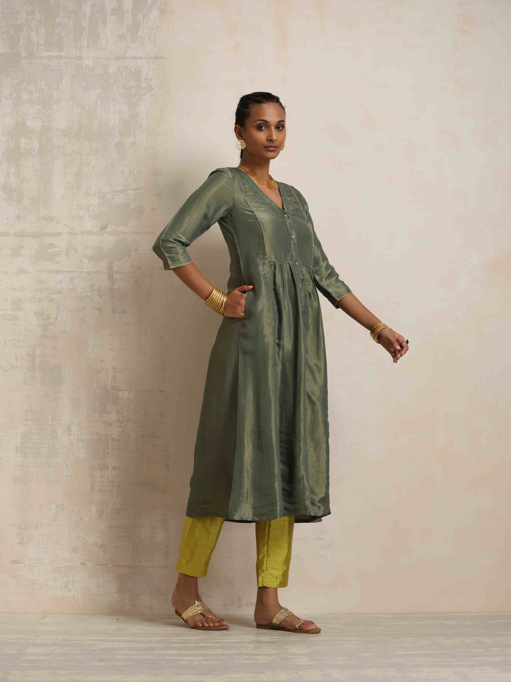 trueBrowns Green Tissue A-line Kurta Set - Distacart