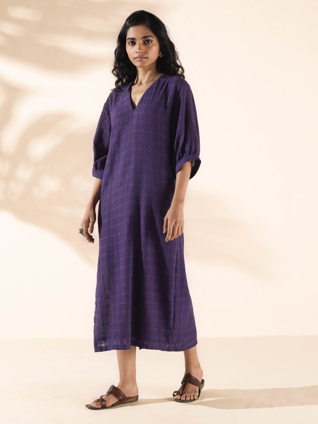trueBrowns Purple Cotton Dobby Slit Dress - Distacart